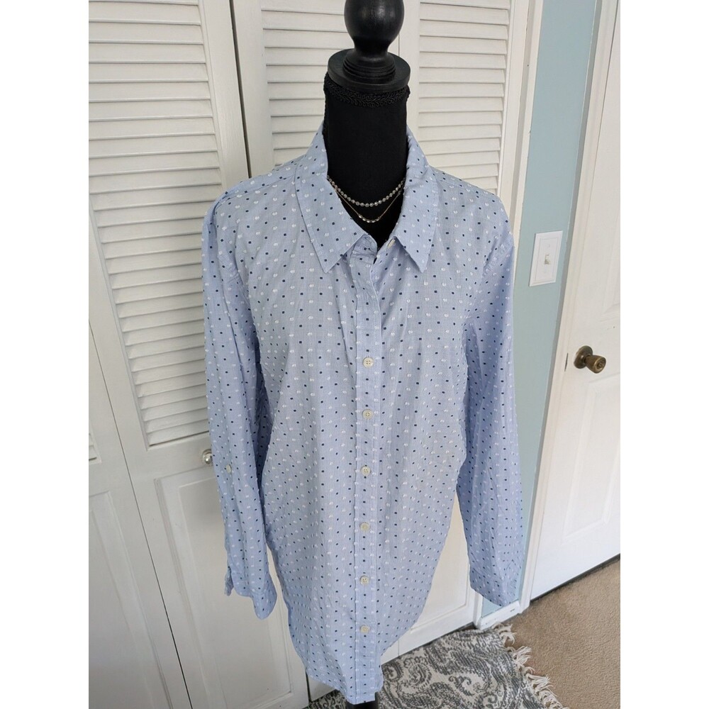 Talbots Button Down Shirt Women's 3X Blue White Clip Dot 100% Cotton Preppy Top